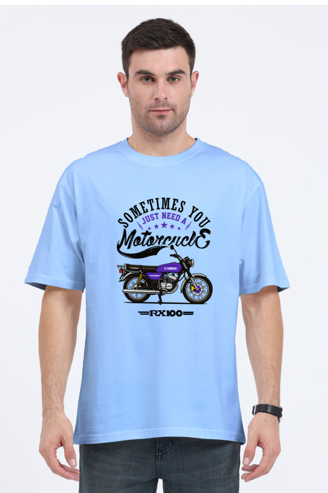 Yamaha RX100 Blue Oversized Tshirt | Sometimes you just need a motorcycle Frot Print - Image 2