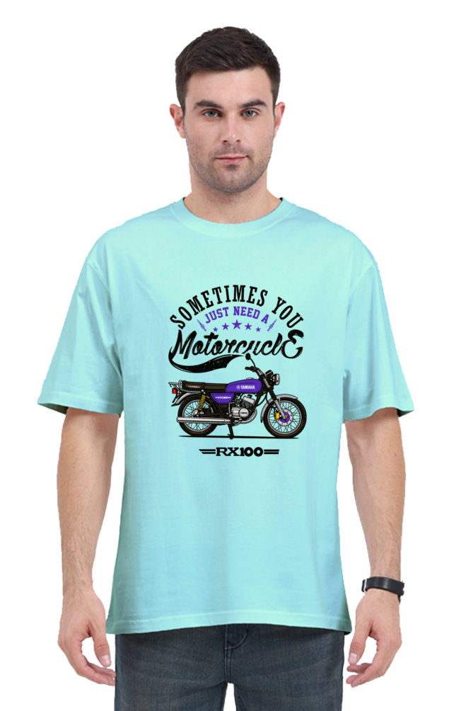 Yamaha RX100 Blue Oversized Tshirt | Sometimes you just need a motorcycle Frot Print - Image 3